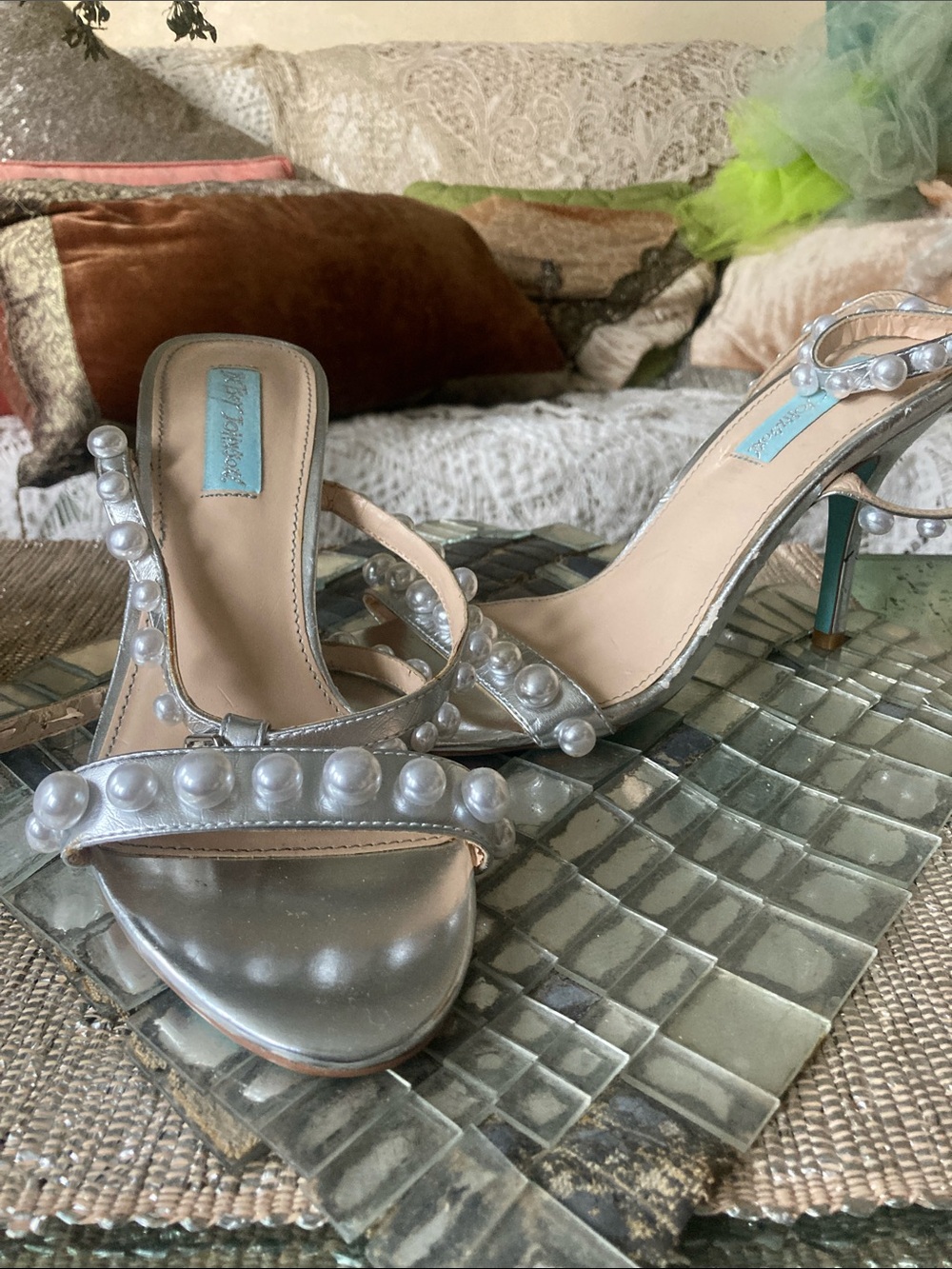 Betsey Johnson Silver Pearl-Trim Open-Toe Heels